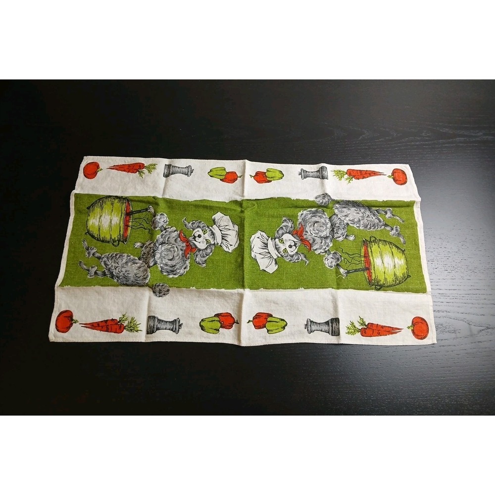 Vintage Printed linen Towel‎ Green & POODLE Dog Cooking Made Poland #457C